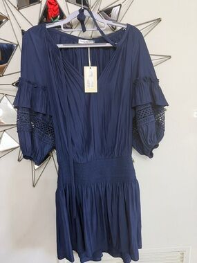 Ramy Brook Navy V-Neck Smocked Waist Mini Dress with Crochet Puff Sleeves.